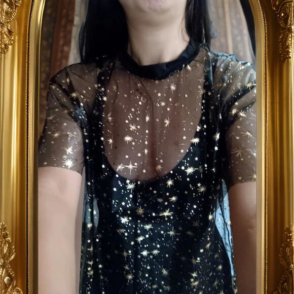 New Medium Black Mesh Star Galaxy Long Top Rave‎ Coverup Beach Witchy Festival - Picture 2 of 4